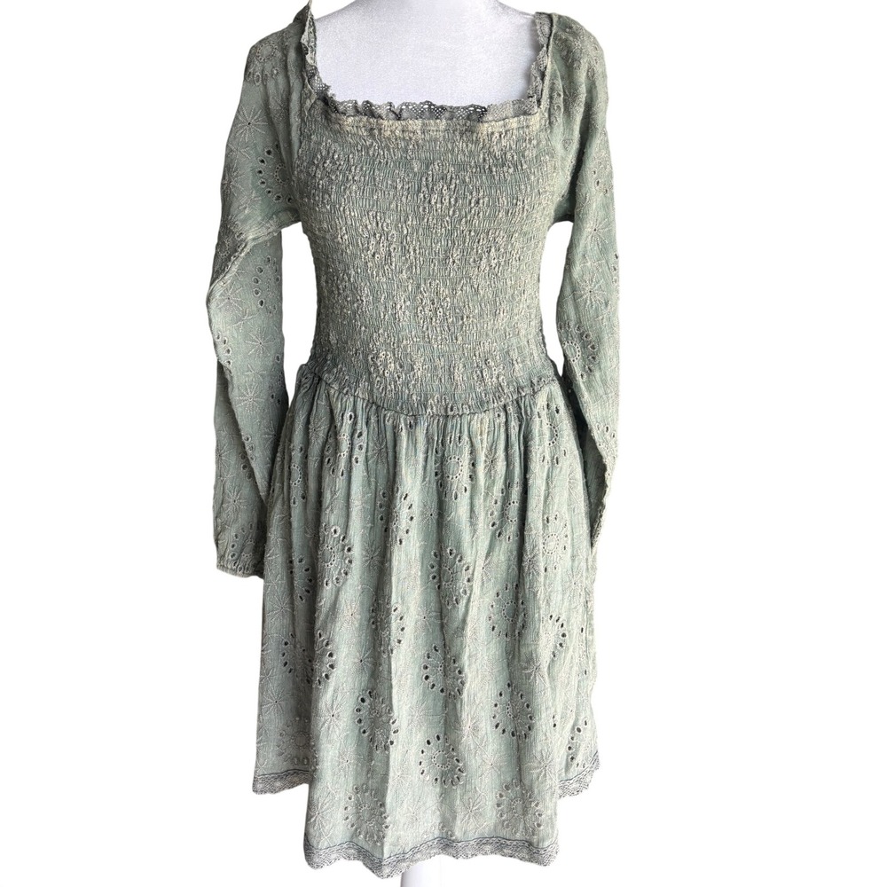 Sage Green Eyelet Smocked Mini Dress Long Sleeve Boho Western Cottagecore NWT L